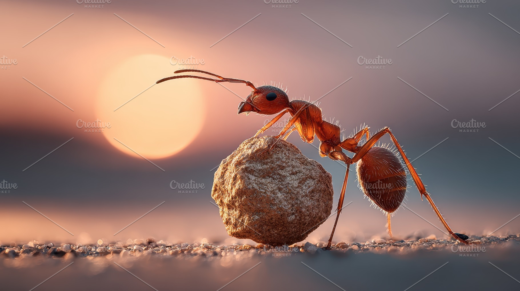 Ant pushing rock sunset background h, a Photo by Pixeness Studio