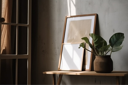 Blank print frame mockup with plants and decor on light backgrou, a Photo by Dvoevnore photos