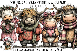 Whimsical Valentine Cow Clipart, an Illustration by OK Design