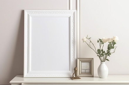 Blank print frame mockup with plants and decor on light backgrou, a Photo by Dvoevnore photos