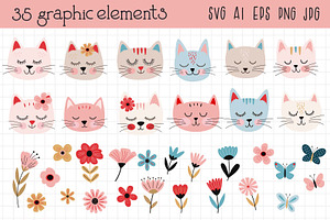 Cute Cats And Flowers Collection