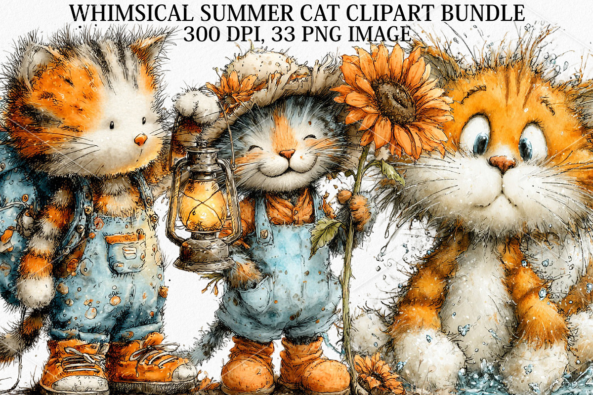 Whimsical Summer Cat Clipart Bundle, a Seasonal Illustration by Canvas Craft (Photo 1 of 7)