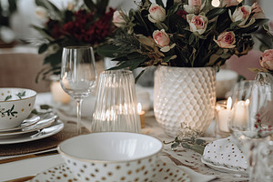 Festive dining table setting with elegant dinnerware, burning candles, and fres, a Food & Drink Photo by Studio ANNA