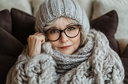A cozy elderly woman wrapped in a thick knitted scarf and hat, sitting comforta, a Person Photo by Textures & Backgrounds