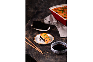 Baked sushi roll cake with crab, a Food & Drink Photo by Yulia Furman