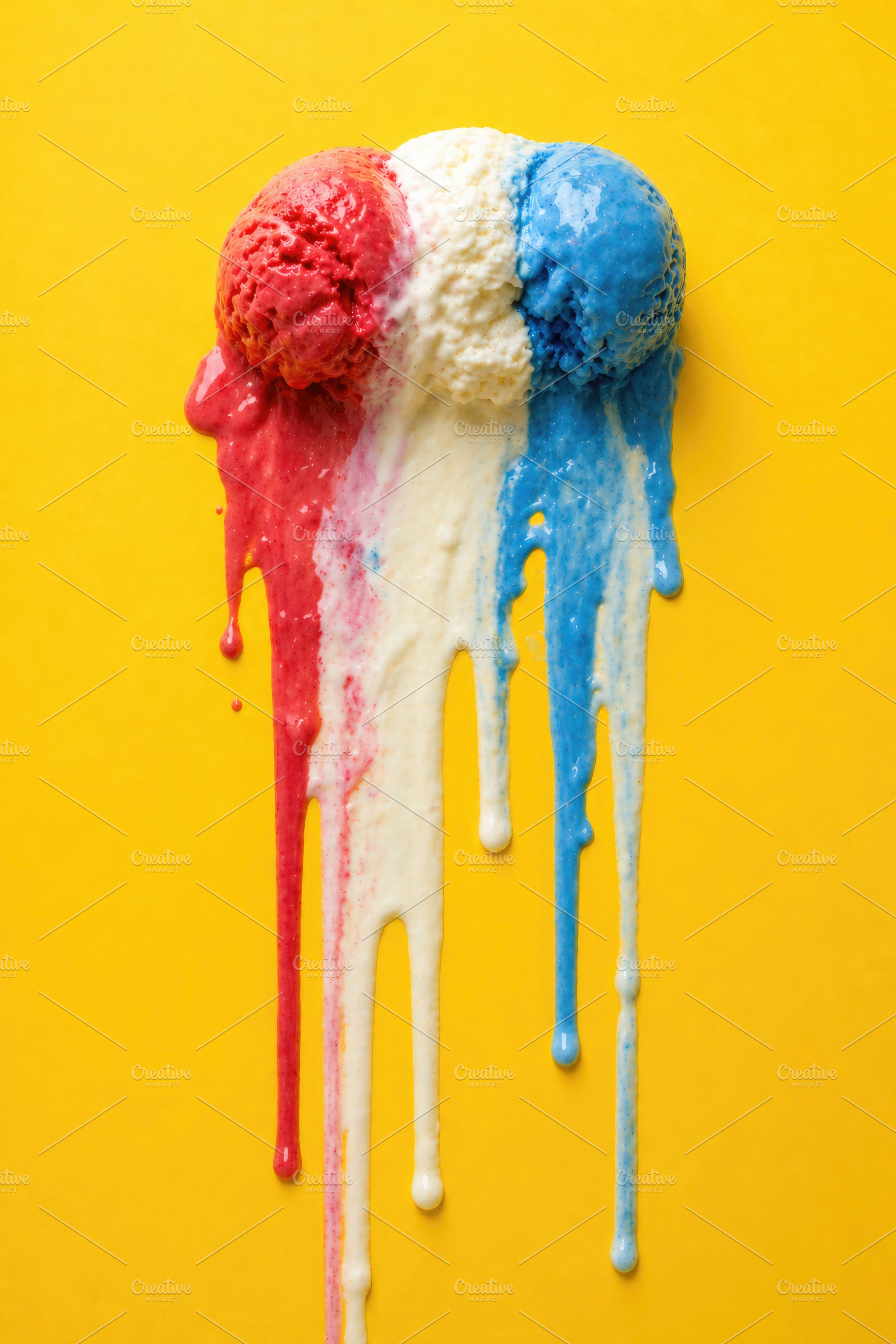 red, white, and blue ice cream melting, generative AI, a Photo by Nito