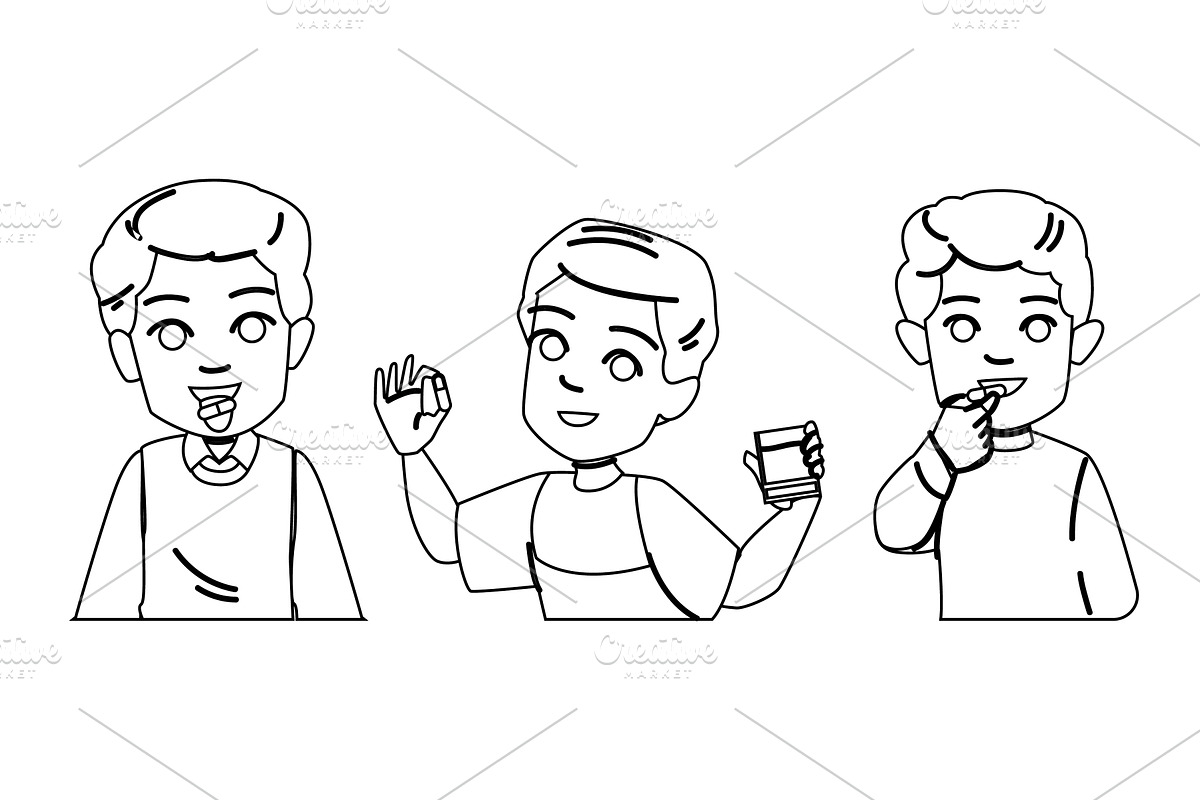 medicine kid pills boy vector, a Person Illustration by pikepicture