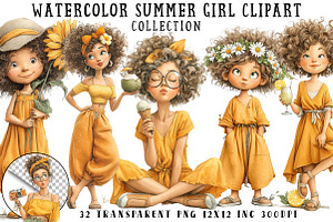 Watercolor Summer Girl Clipart, an Illustration by OK Design