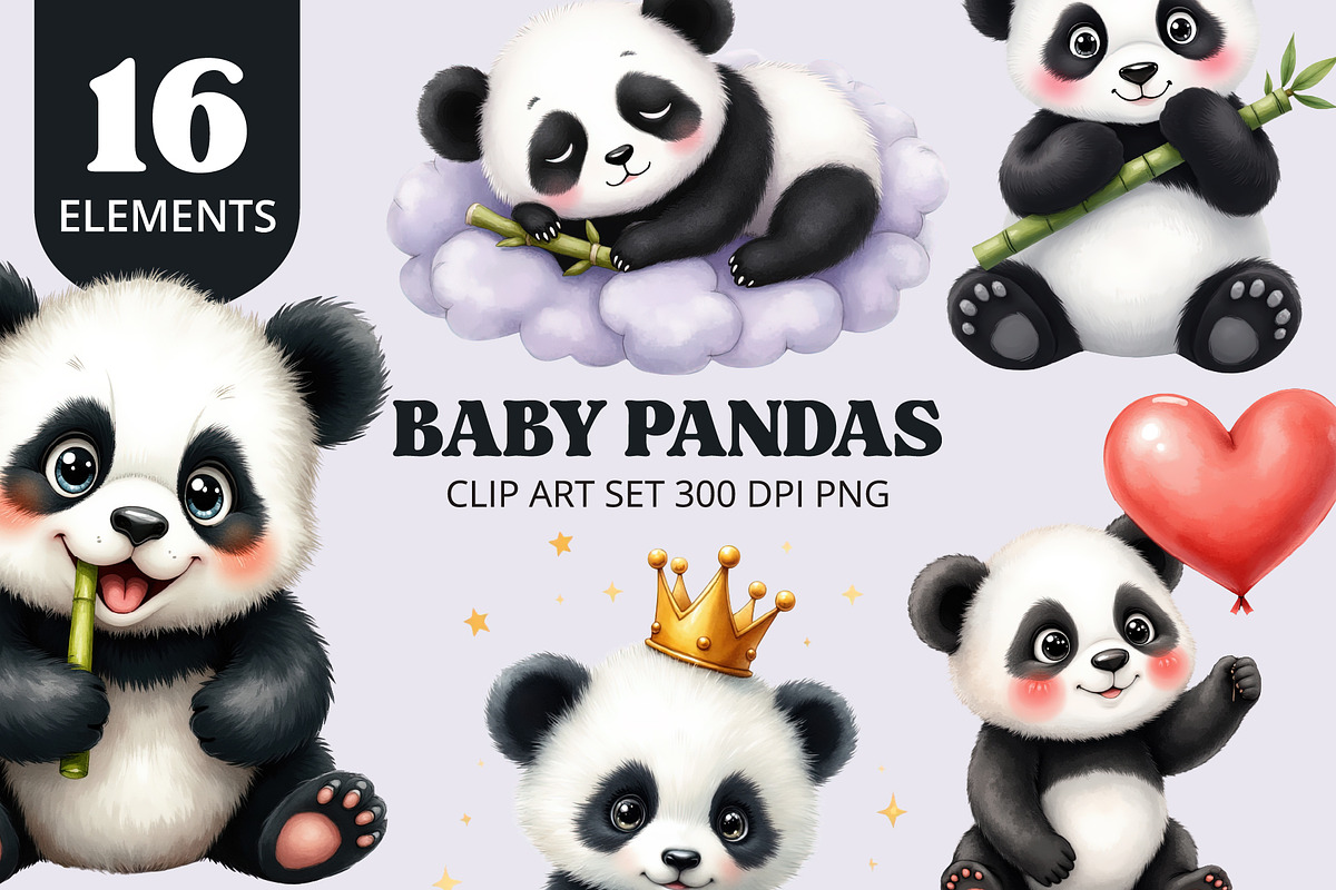 Cute Baby Panda Clipart PNG Set, an Animal Illustration by Printable Pretty Studio (Photo 1 of 4)