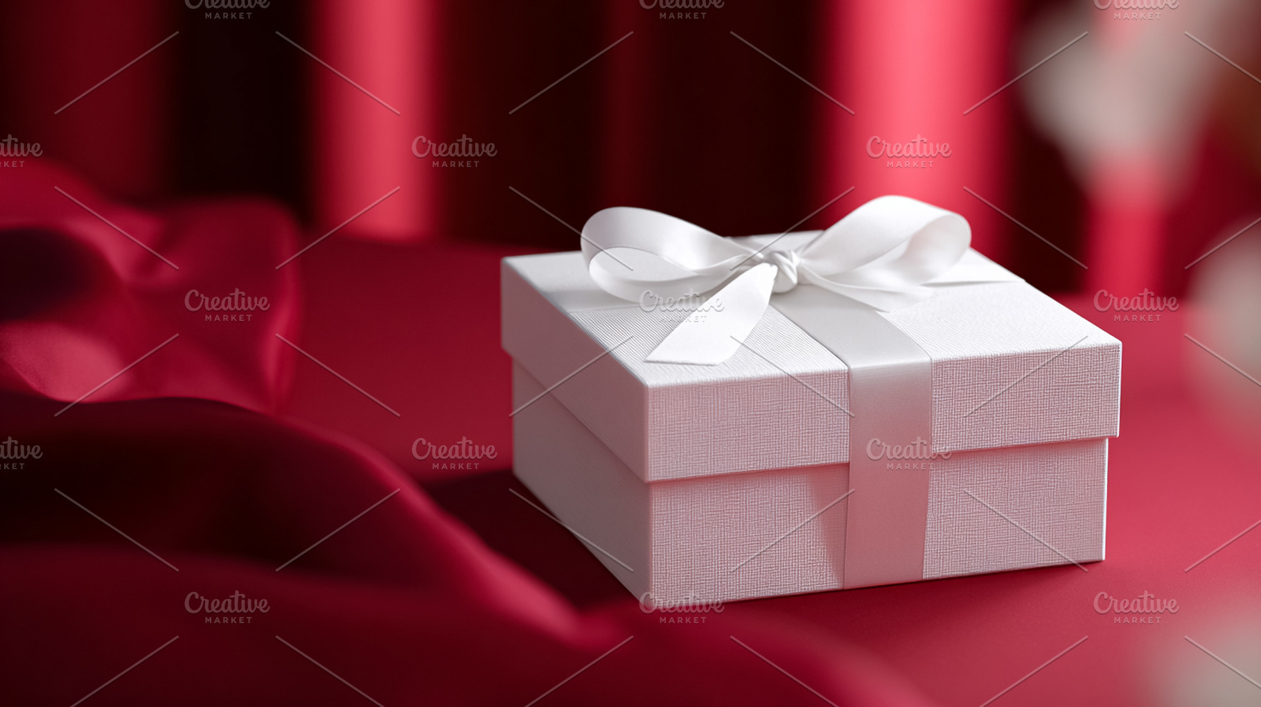White gift box with ribbon on lush red satin, symbolizing Valent, a Photo by Studio ANNA