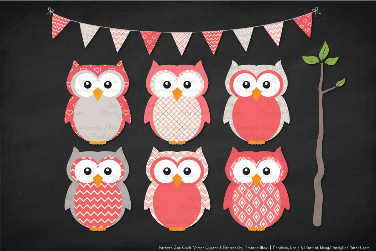 Owls Clipart & Patterns in Coral, an Animal Illustration by Amanda Ilkov (Photo 3 of 4)