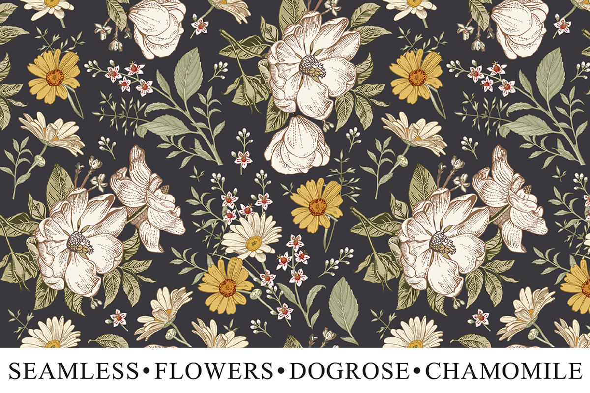 Set Seamless Flowers Dogrose Pattern, a Pattern Graphic by Vintage (Photo 1 of 10)