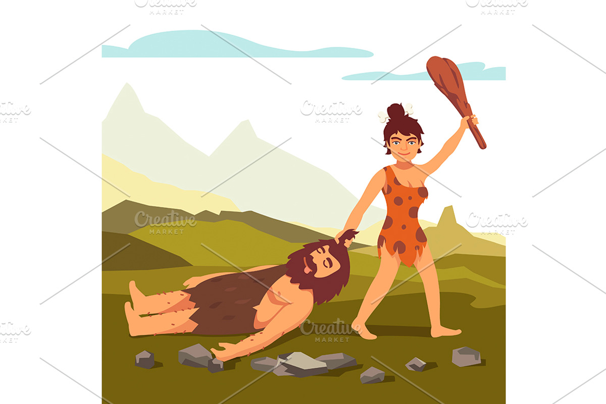 Stone age woman drawing bearded man, an Animal Illustration by Iconicbestiary