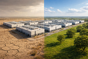 AI data center illustrating climate change impact with lush gree, a Photo by Dvoevnore photos