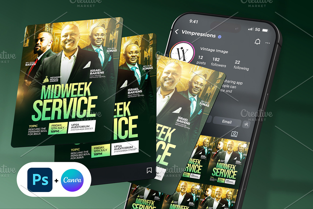 Green Midweek Church Service Flyer, a Social Media Template by Vintage Impressions (Photo 1 of 6)