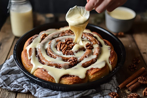 Delicious cinnamon rolls topped, a Photo by Pavel_design