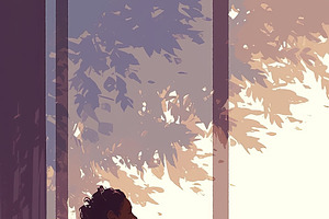 Young woman in wheelchair enjoying sunlight through a window with plants nearby, an Illustration by AS photostudio