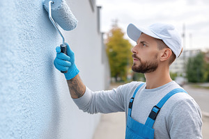 Young man in uniform cap painting a wall in a calm urban setting during dayligh, an Industrial Photo by AlyaAnd