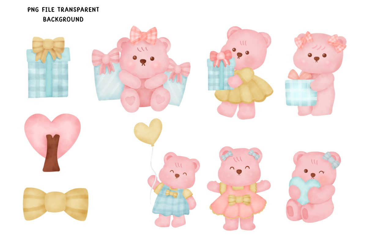 Pink Bear Watercolor Clipart Set, an Animal Illustration by Nattapohncha (Photo 2 of 3)