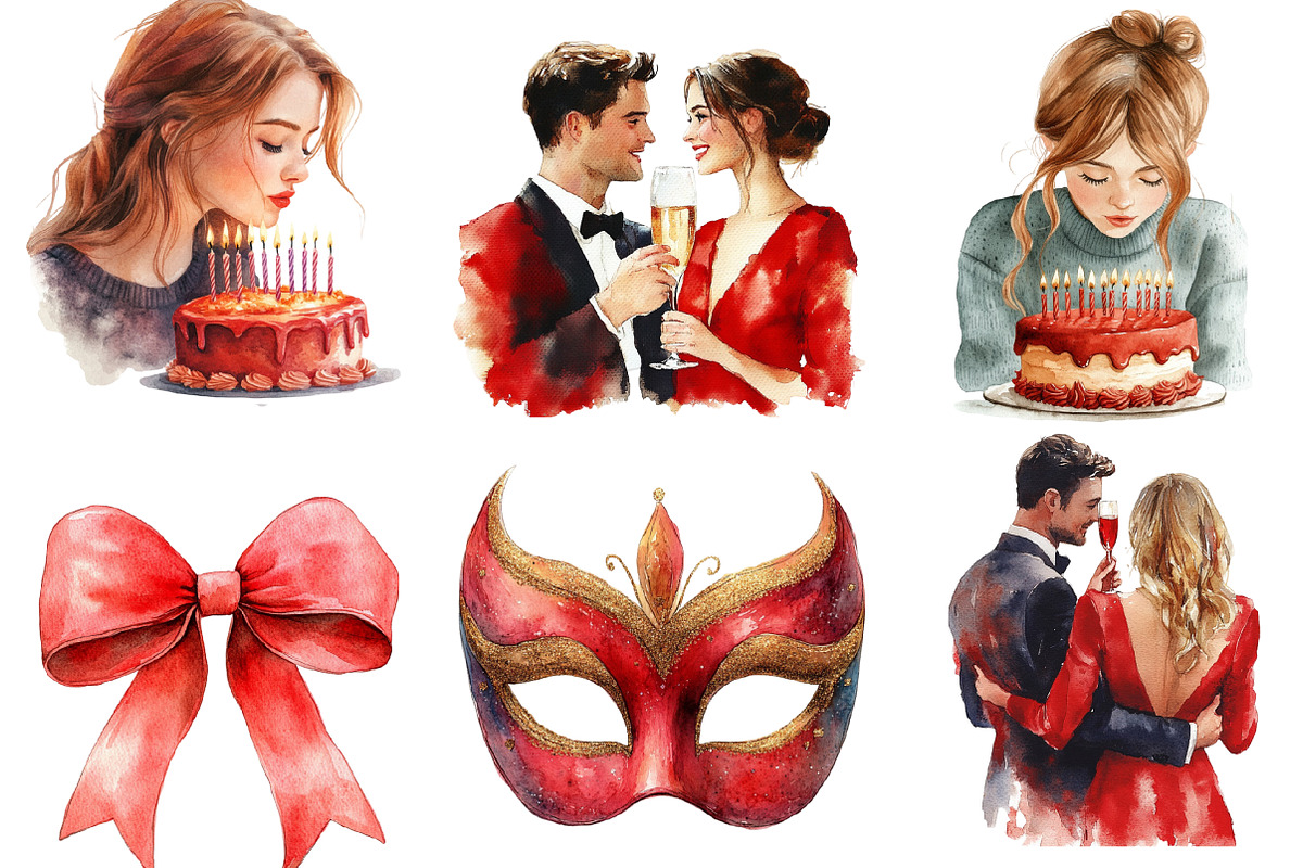 Red Birthday Watercolor Clipart, an Illustration by SinaCreation (Photo 4 of 5)