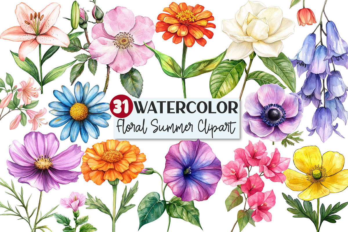 Watercolor Floral Summer Clipart, an Illustration by Rose Art (Photo 1 of 4)