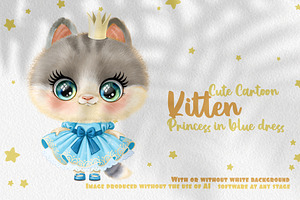 Princess kitten in blue dress, an Animal Illustration by Azuzlikus