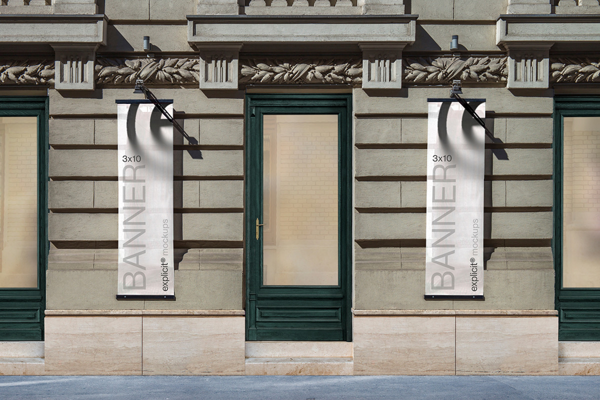 Hanging Banner Mockup – Wall-mounted, a Mockup by ExplicitStudio (Photo 1 of 3)