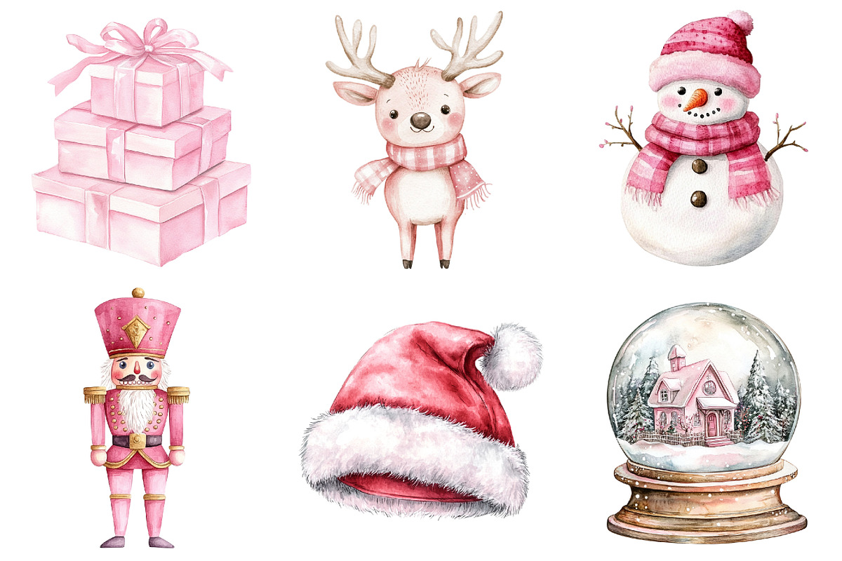 Watercolour Pink Christmas Clipart, a Seasonal Illustration by CitraGraphics (Photo 2 of 7)