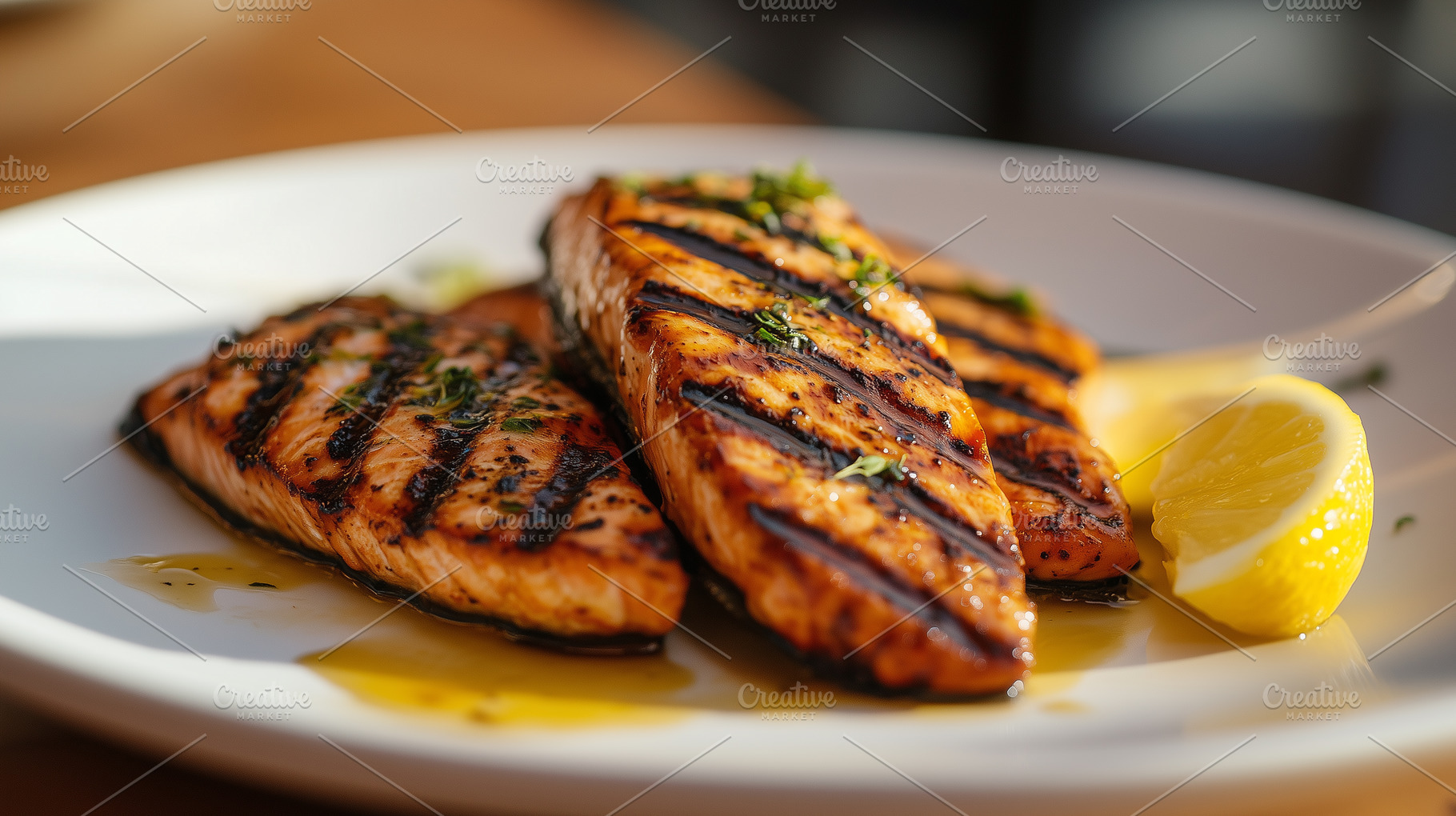Juicy grilled salmon fillets served, a Food & Drink Photo by MistyDay