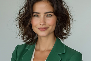 Young Hispanic woman with curly hair and a cheerful smile, wearing a green blaz, a Person Photo by ImageMir