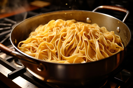 Pot with freshly cooked steaming pasta, a Food & Drink Photo by Natalia Klenova's Shop