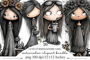 Cute Summer Gothic Girl Clipart, a Seasonal Illustration by Designking