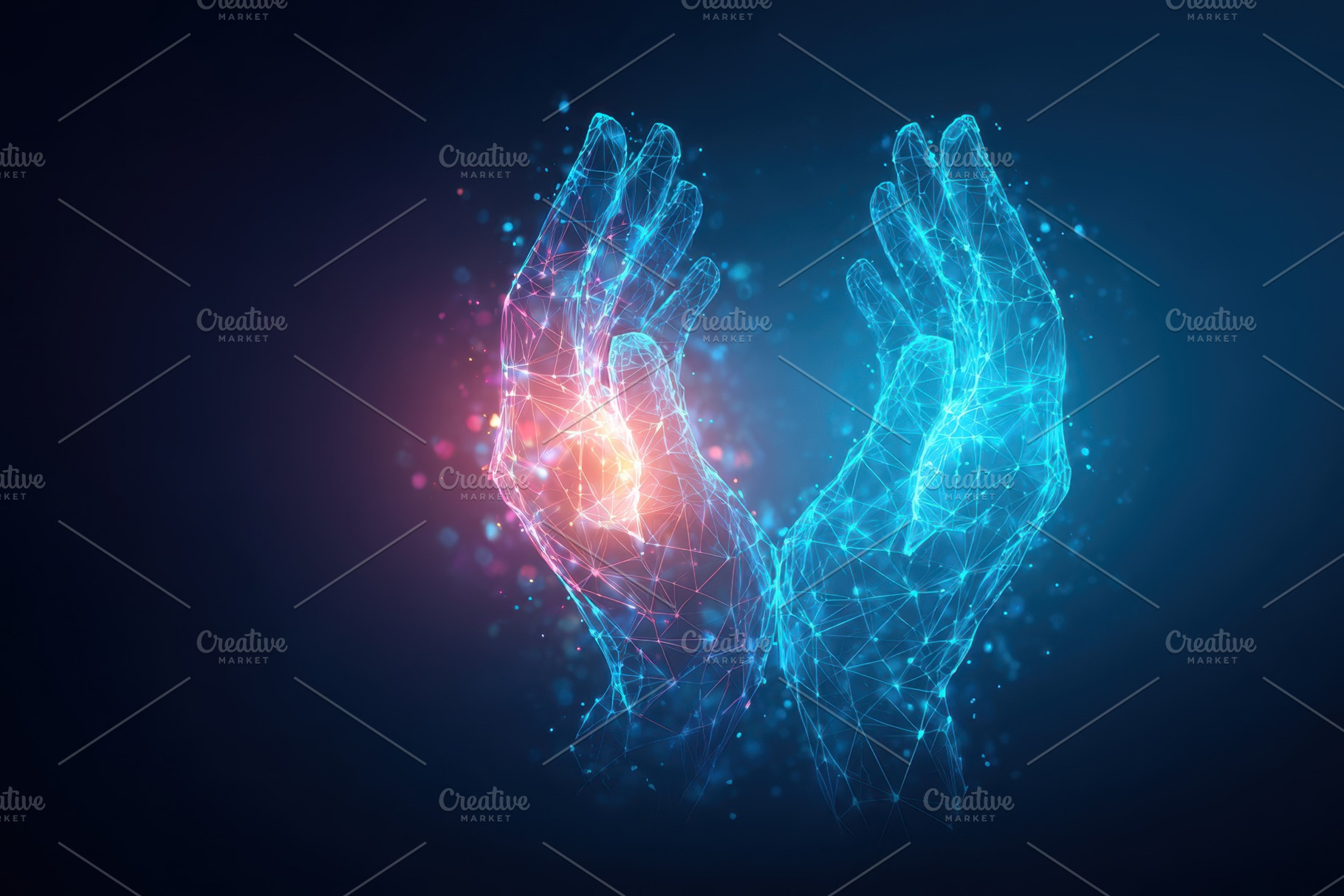 Futuristic digital hands in protective gesture, a Background Photo by AlyaAnd