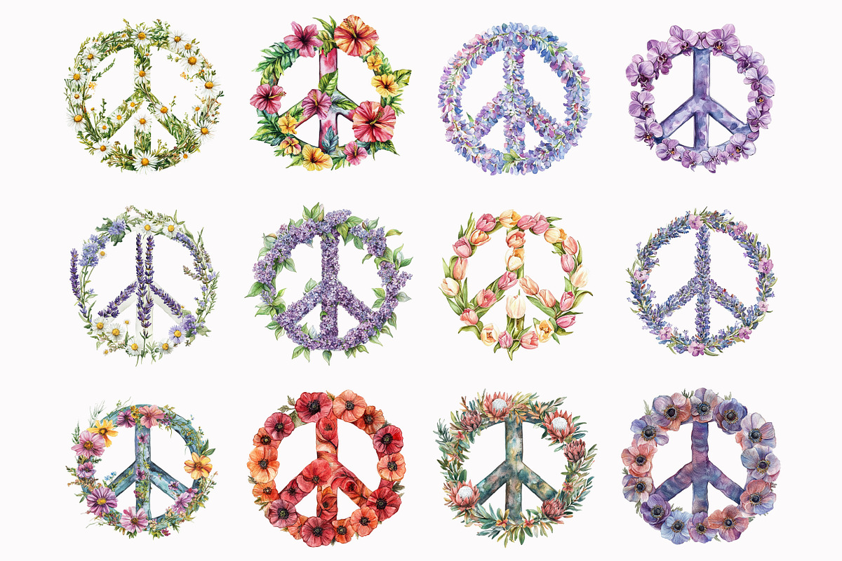Watercolor Floral Peace Signs Clipar, a Seasonal Illustration by Design Market (Photo 2 of 4)