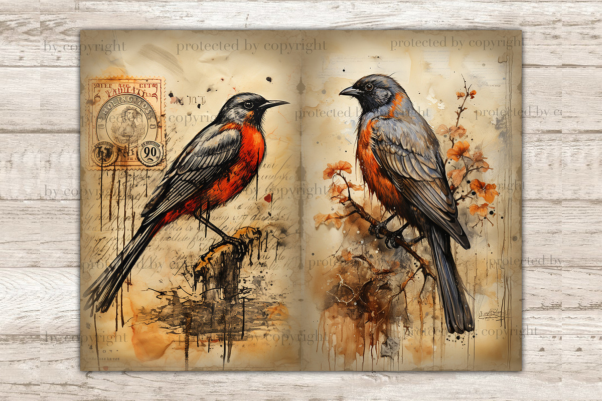 Vintage Birds Junk Journal Pages, an Animal Illustration by GlamArtZhanna (Photo 9 of 9)