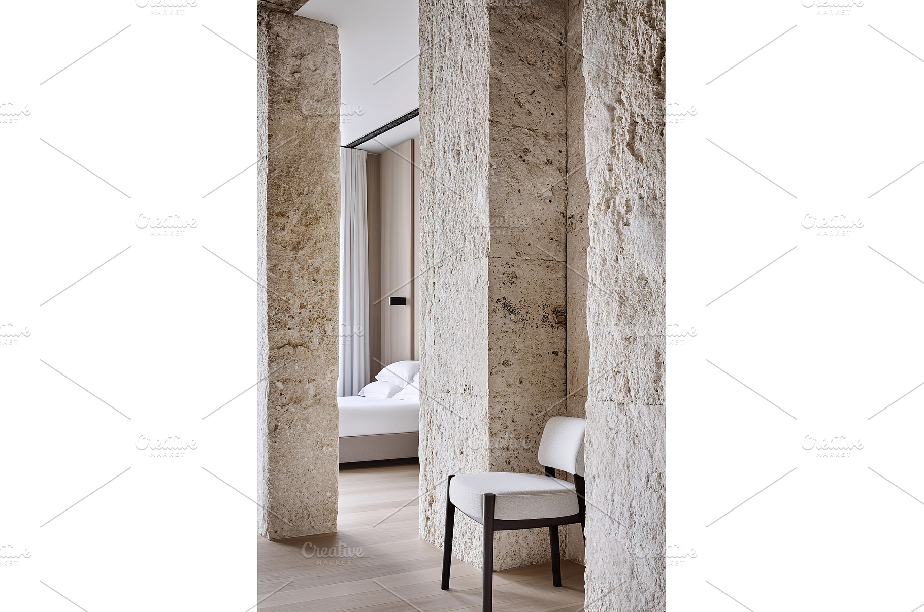 Modern minimalist bedroom with stone, a Background Photo by Lermont51