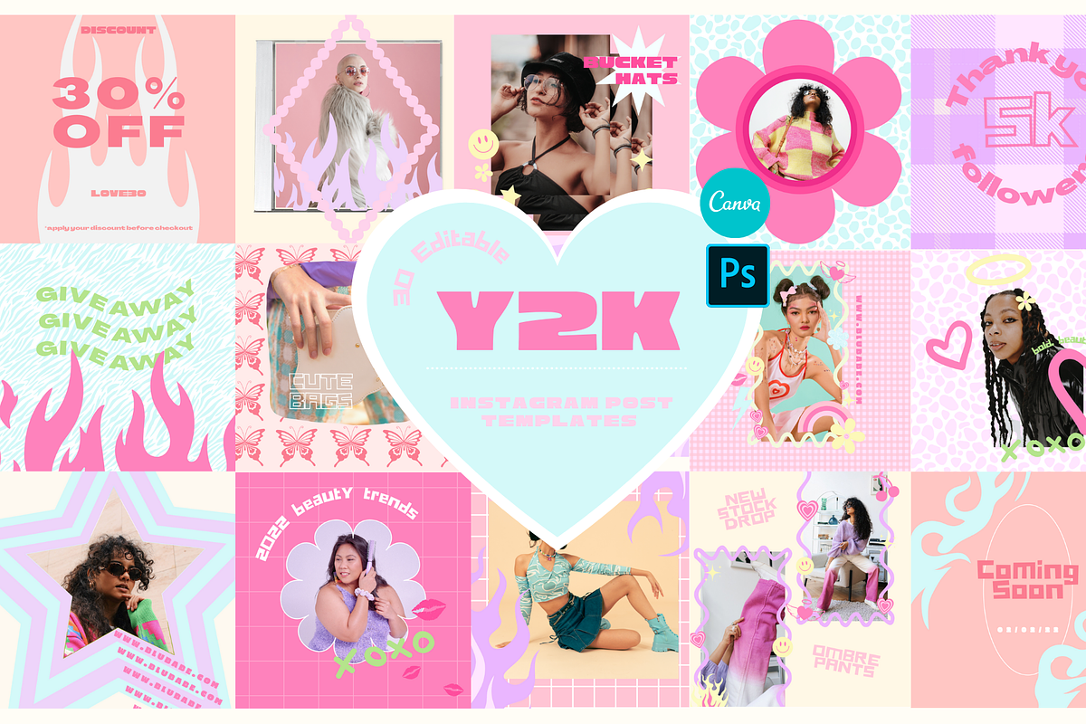 Y2K Instagram Post Templates, a Social Media Template by Hell Yeah Designs (Photo 1 of 5)