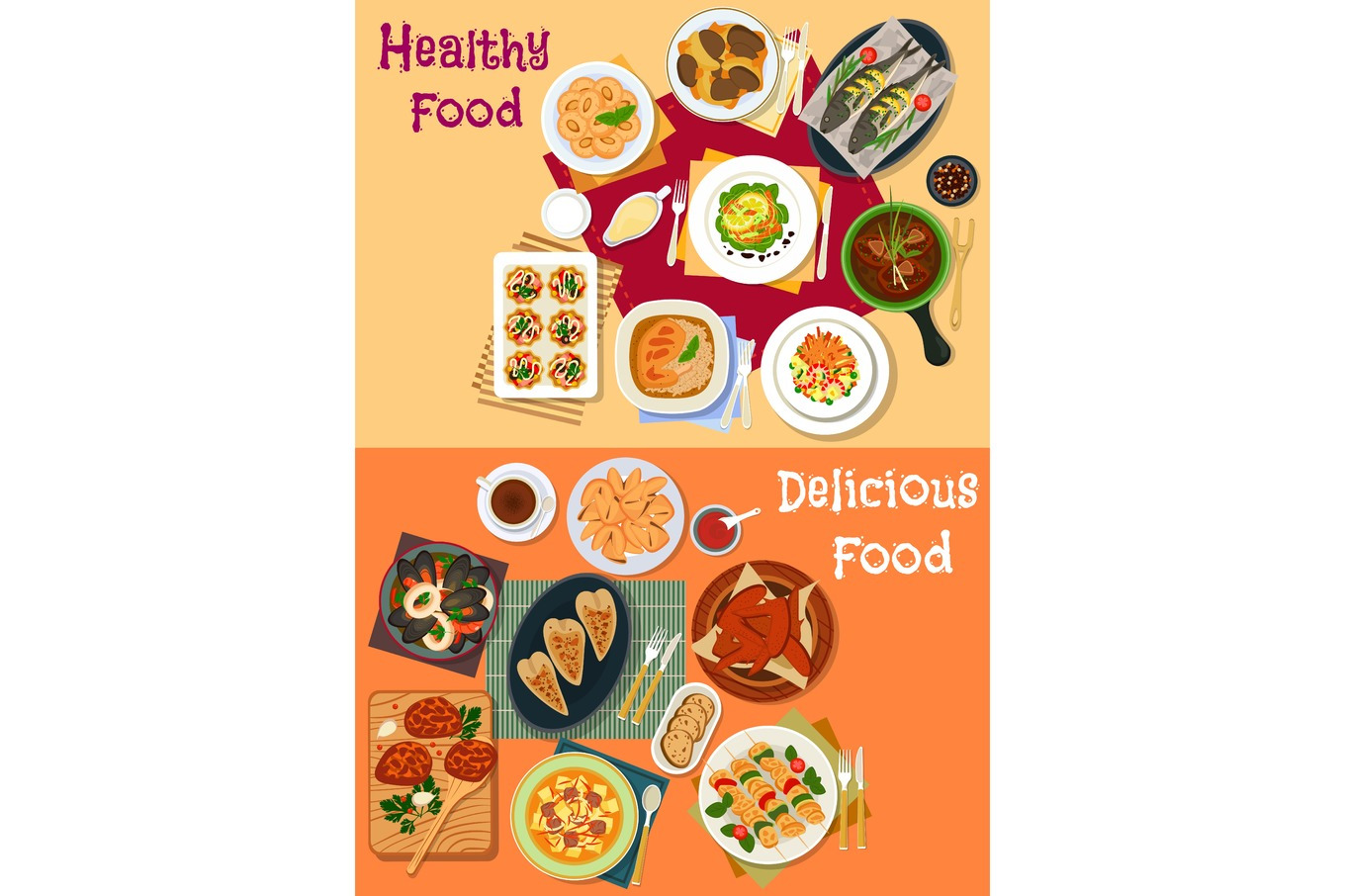 Seafood and meat dishes icon set for dinner menu | Food Illustrations ...