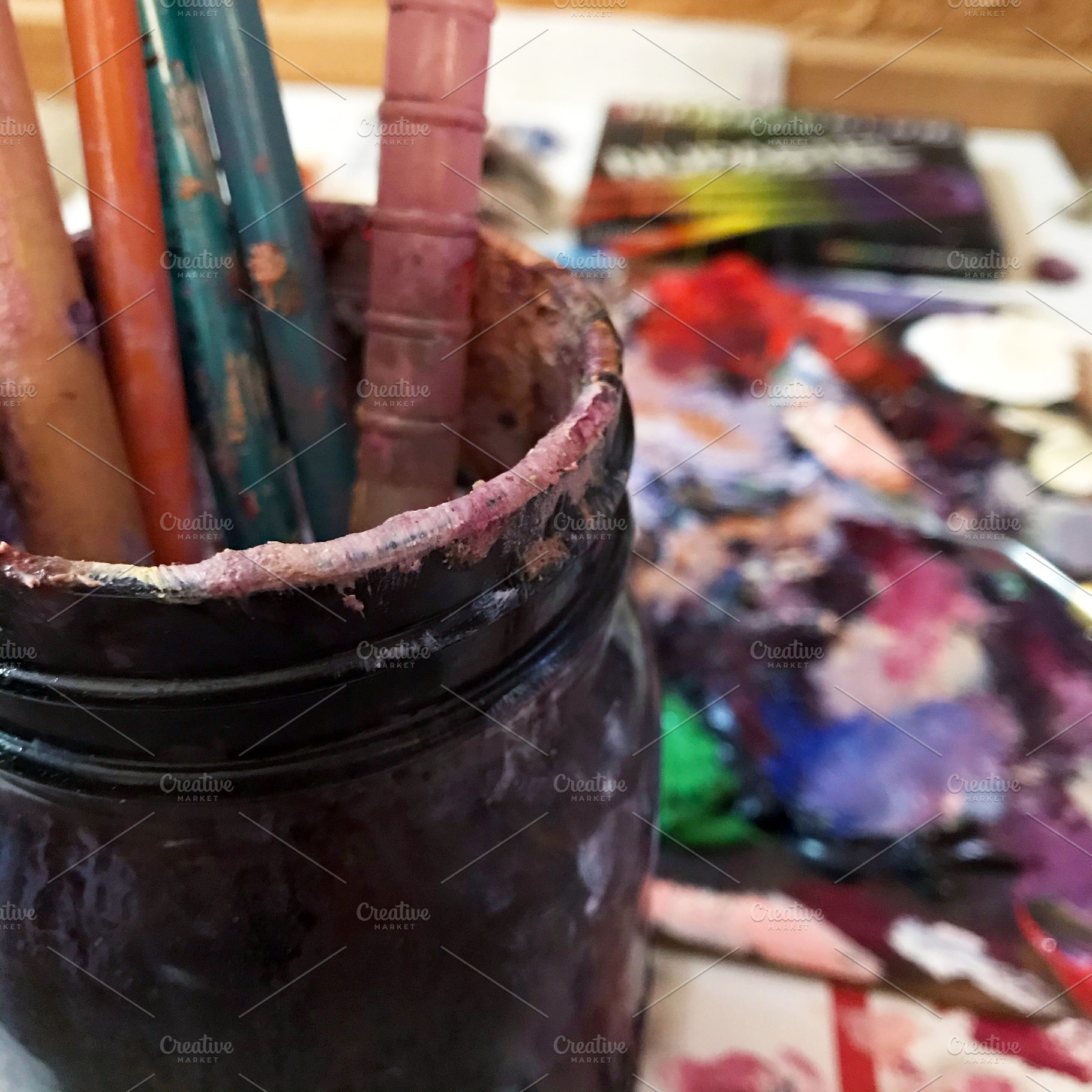 Oil Paint Brushes in Rinse Jar, an Arts & Entertainment Photo by Cordial Punch Press