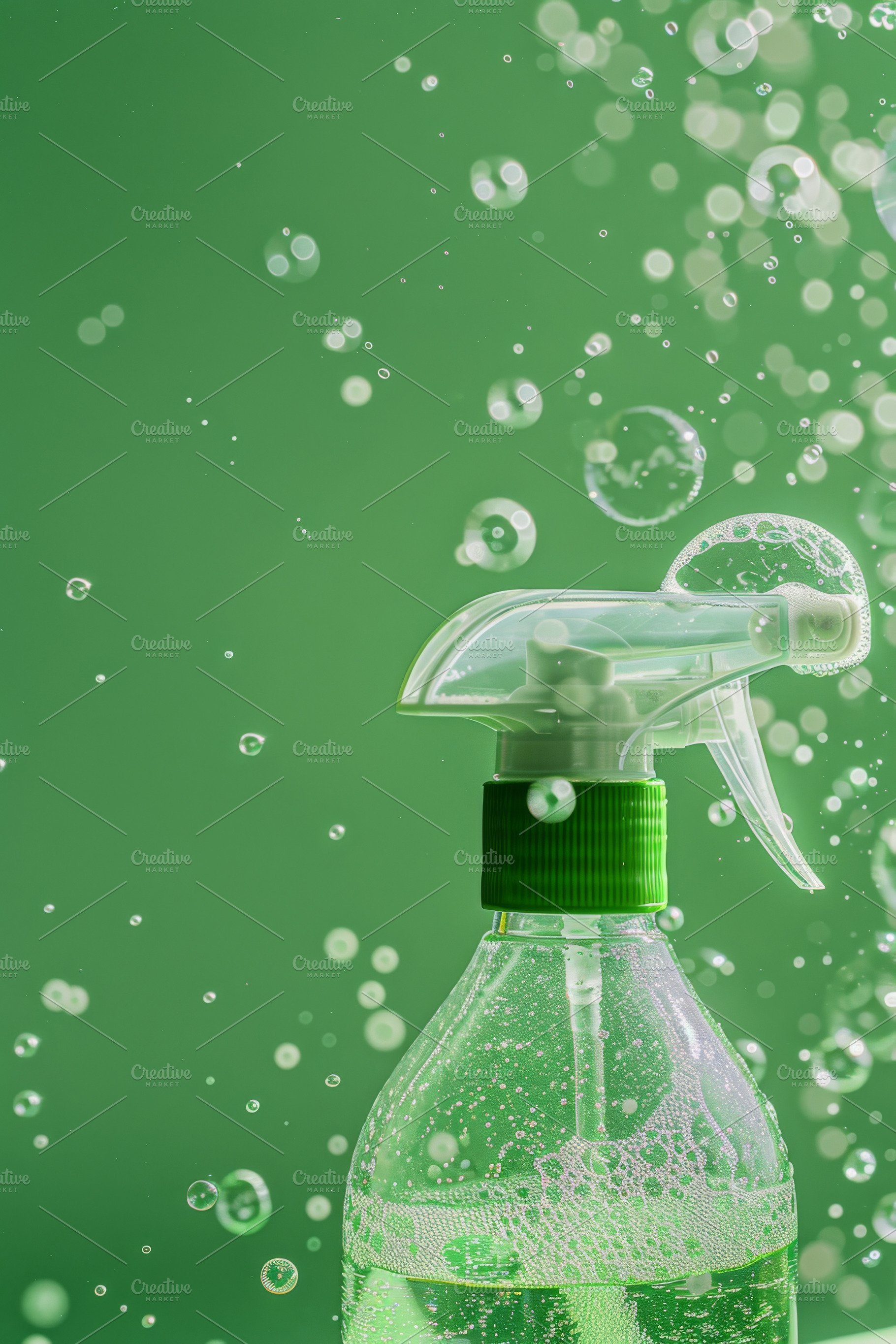 Spray bottle with green liquid and foam on green background, a Photo by Dvoevnore photos