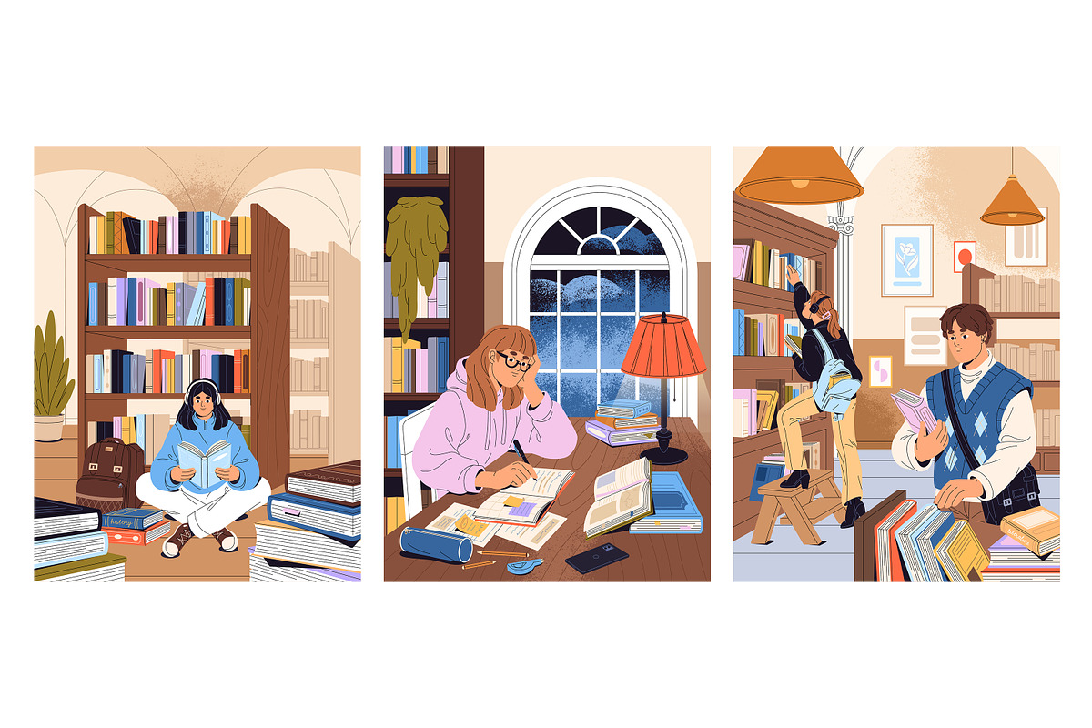 People with books in public library, a Person Illustration by PaperTrident (Photo 1 of 4)