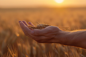 Female hands holding ripe wheat ears on yellow field background, a Nature Photo by AlyaAnd