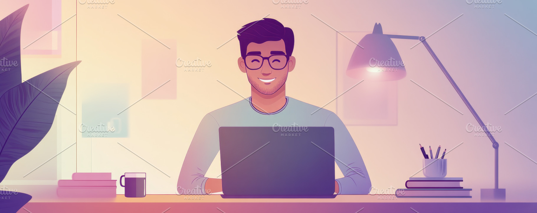 Smiling Man Working on Laptop in Cozy Workspace, an Abstract Photo by Natalia Klenova's Shop