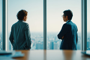 Businessmen discussing strategy with city skyline view, a Business Photo by AlyaAnd