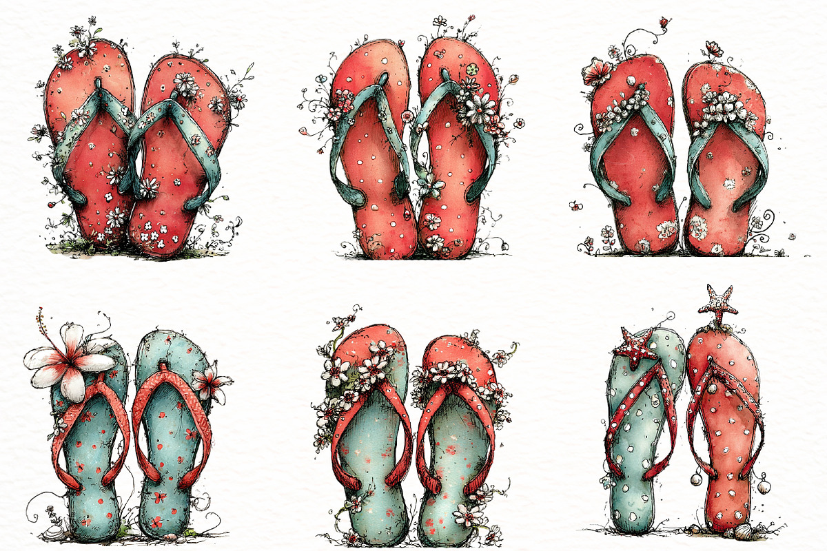 whimsical summer flip flops clipart, an Illustration by Designworld (Photo 2 of 6)