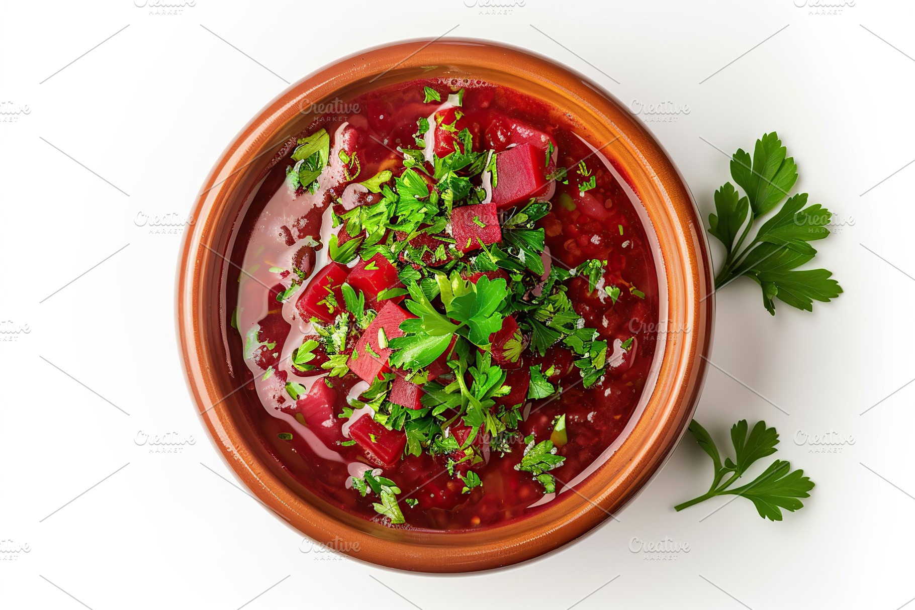 Flat lay of bowl of beet root soup borsch on white background, a Food & Drink Photo by AlyaAnd