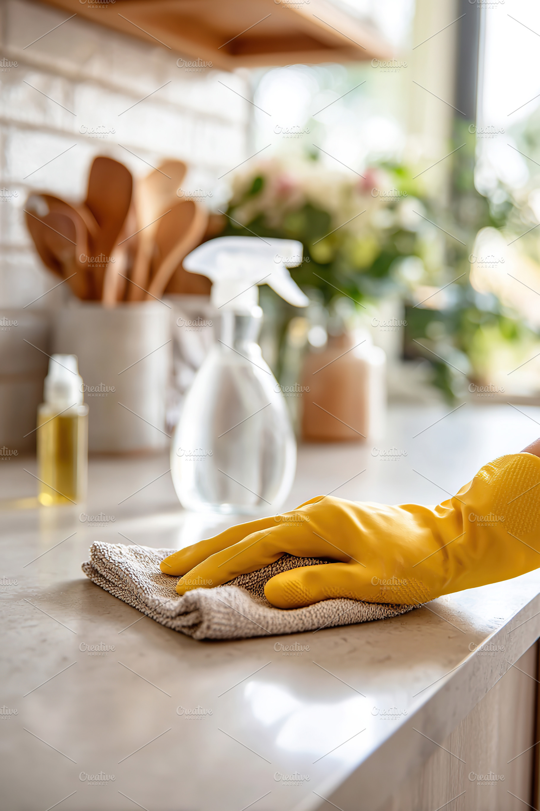 Cleaning kitchen countertop with yellow gloves and a microfiber cloth in bright, a Photo by AlyaAnd