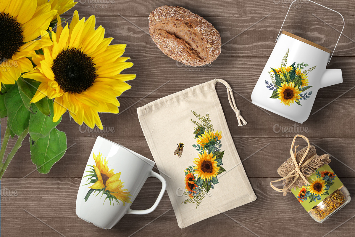 Sunflowers Watercolor Set, a Food Illustration by BarvArt (Photo 10 of 15)