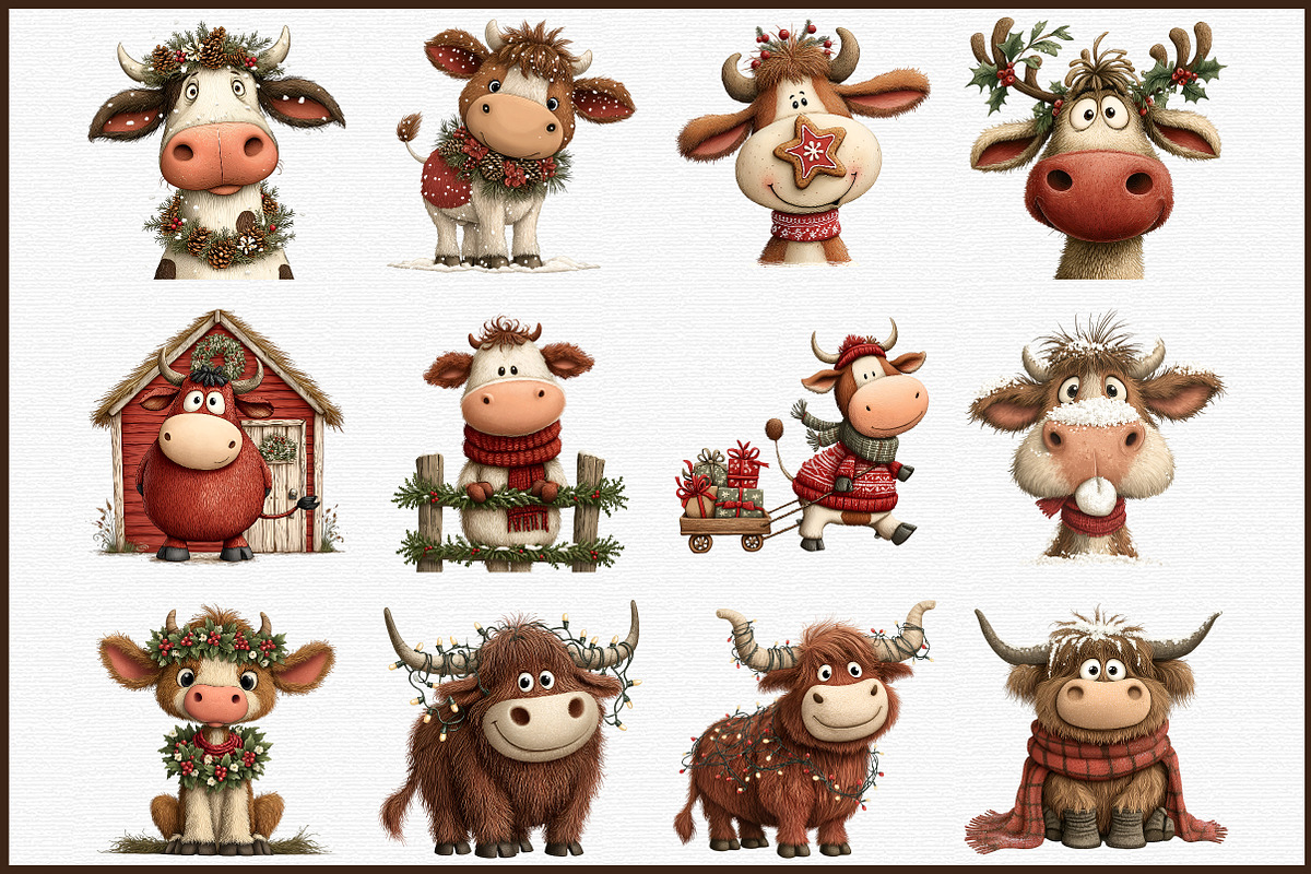 Rustic Christmas Cute Cows Clipart, an Illustration by Sublimation Artist (Photo 3 of 6)