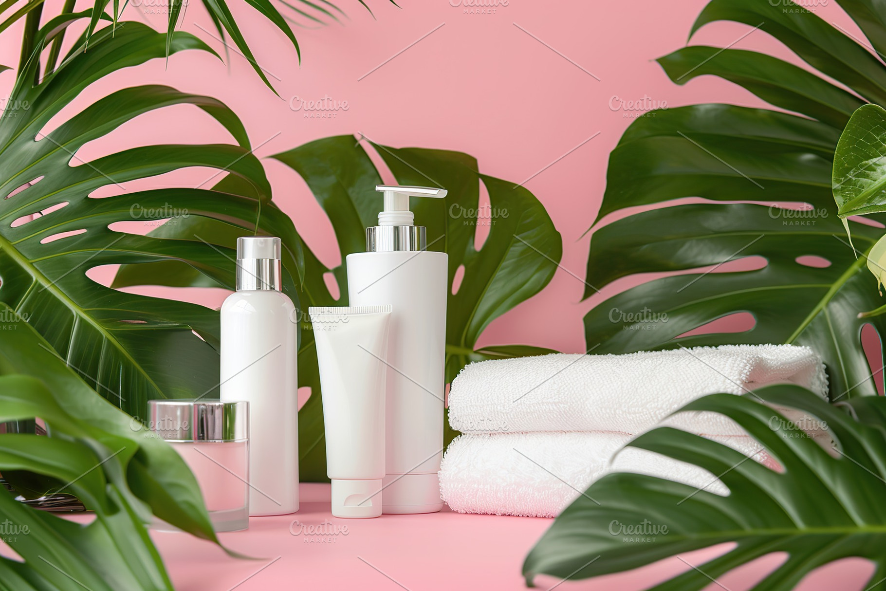 Blank cosmetic containers with towels and green leafs on pink background, a Beauty & Fashion Photo by AlyaAnd